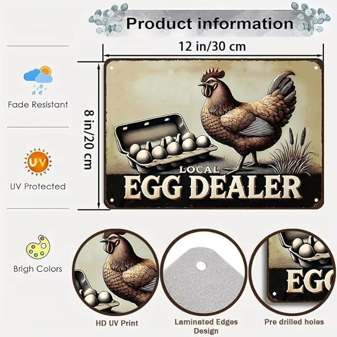 Funny Chicken Gifts Relax Local Egg Dealer Tin Sign for Home Farm Chicken Coop Farmhouse Kicthen Garden Decor 8 X 12 Inch (3522)