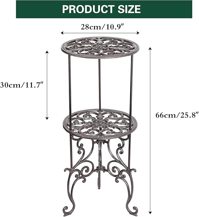 Sungmor Heavy Duty Cast Iron Potted Plant Stand,26-Inch 2 Tiers Metal Planter Rack,Decorative Flower Pot Holder,Vintage & Rustic Style Indoor Outdoor Garden Pots Container Supports