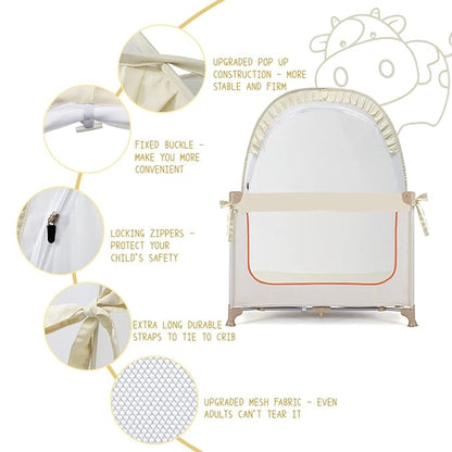Pack N Play Tent, Baby Crib Tent to Keep Baby from Climbing Out, Pop Up Crib Net for Pack and Plays, Mini Cribs & Play Yards, See-Through & Breathable Mesh Crib Canopy, Beige, R07s-beige