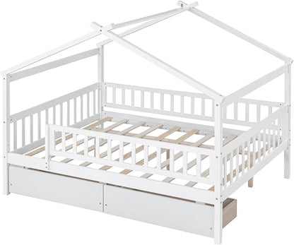 Full House Bed with 2 Storage Drawers, Kids Full Bed Frame with Rails and Roof, Tent Bed, Wooden Full Daybed, Full Montessori Bed for Kids Teens Girls & Boys, No Box Spring Needed (White)