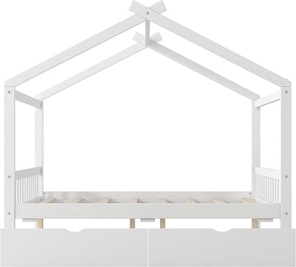 Harper & Bright Designs Full Size House Bed Frame for Kids, Wood Playhouse Platform Bed Frame with Two Drawers and Fence, Roof Design, White