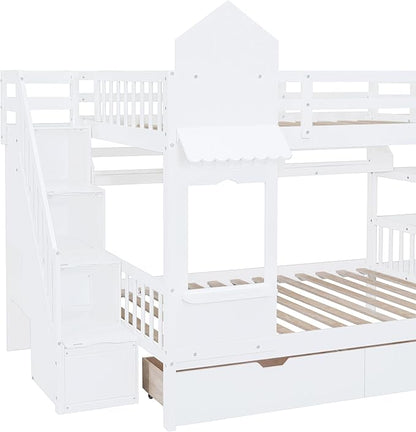 Full-Over-Full Castle Style Bunk Bed with 2 Drawers and 3 Shelves, Wood Bunk Bed Frame with Slide and Storage Staircase for Kids Teens Boys Girls, Maximize Space Savings (White +Full-3)