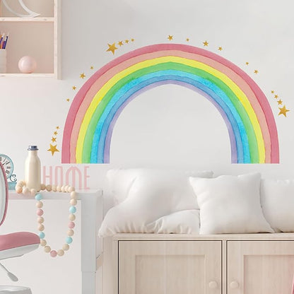 Large Watercolor Rainbow Wall Stickers, Star Colorful Peel and Stick Wall Decals, Baby Room Nursery Kids Bedroom Art Wall Decor