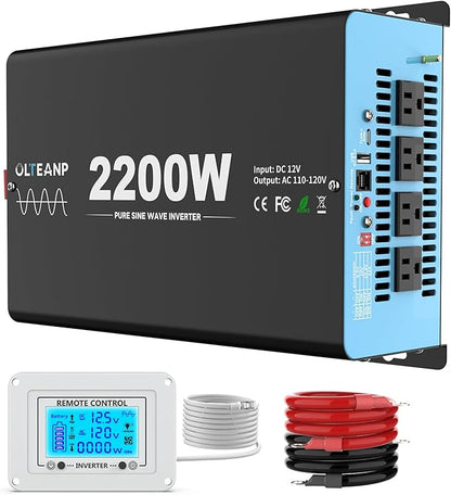 New Upgraded 2200 Watts Pure Sine Wave Inverter, 12V DC to 110V AC Power Inverter with 4 AC Outlets, USB Port, Type-C Port for Truck, Vehicle, Power Outage, Remote Control with LCD Screen
