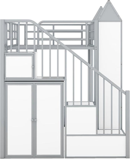 Twin Over Twin Castle-Shaped Bunk Bed with Wardrobe and Multiple Storage, Metal Bunk Bed with Storage Staircase and Safety Guardrail for Kids Teens Boys Girls Bedroom (White+Gray)