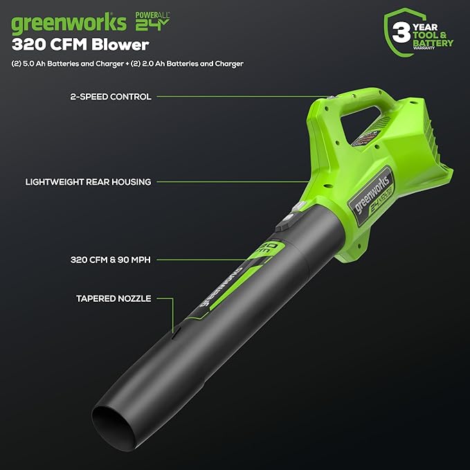Greenworks 48V (2x24V) 17" Brushless Mower+12" String Trimmer+320CFM Blower+310 in./lbs Drill Driver, (2) 4.0Ah Batteries and (2) 2.0Ah Batteries, 2A Dual Port Charger