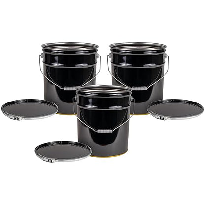 ATERET 5 Gallon Black Metal Bucket & Lever Lock Pail Lid, Heavy Duty Durable Pails and Lids for Outdoor and Household Use (3 Pack)