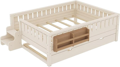 Bellemave Full Size Kids Bed with high Rails and with Built-in Bookshelf and Trundle for Kids, Girls, Boys, Wood Montessori Bed Without Door, Beige