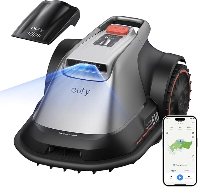 eufy E18 Robot Lawn Mower,Max 0.3 Acres,Wireless Robot Mower with Auto Mapping,Vision Navigation,Multi-Zone Management,Robotic Lawnmower with AI Obstacle Avoidance,APP Control,18°Slope,Cut Height1-3"