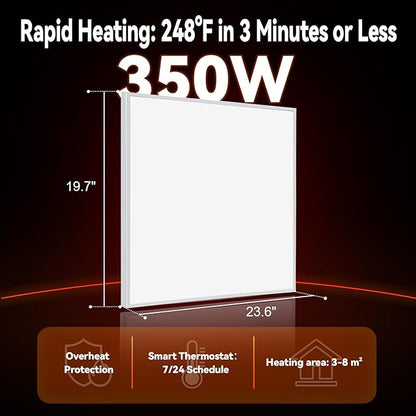 Infrared Space Heater 350W for Indoor Use with Thermostat, Wall Mounted Electric Convection Panel Heater, Silent & Energy Saving Room Heating Panel, Overheat Protection, with Remote & APP