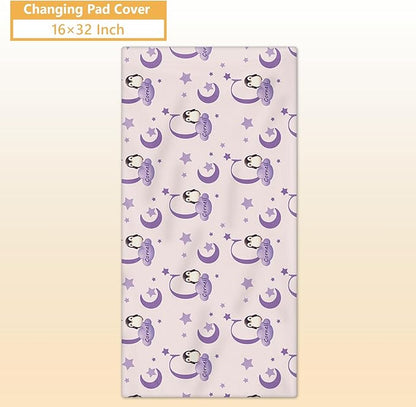 Custom Baby Bedding Set, 5 Pcs Personalized Baby Crib Sets with Name, Toddler Bedding Set for Baby Girl Boy, Purple Penguin Double Layer Nursery Bedding Set, Customized Gift for Infant Newborn