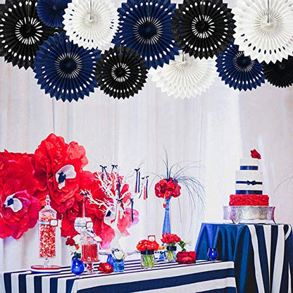 Honeycomb Round Paper Fans Black Blue White Hanging Party Decor (11 Count)