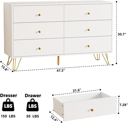 White Dresser for Bedroom, 6 Drawer Dresser with Golden Handles, Large Storage Cabinet, Modern Chest of Drawers Organizer Storage for Hallyway, Entryway