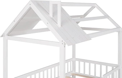 Bellemave Twin House BedFrame with Roof, Montessori Floor Bed, House Bed with Rails for Kids, White