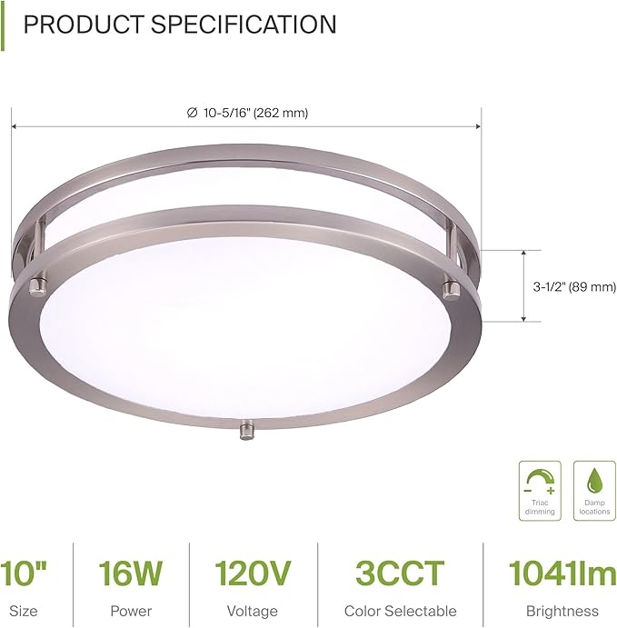 ASD LED 10" Round Flush Mount Lighting, Close to Ceiling Light Fixture | 3CCT