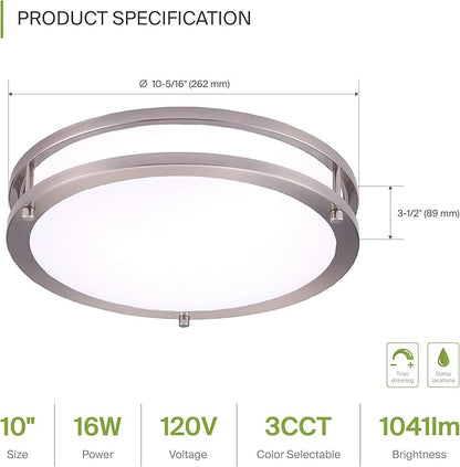ASD LED 10" Round Flush Mount Lighting, Close to Ceiling Light Fixture | 3CCT