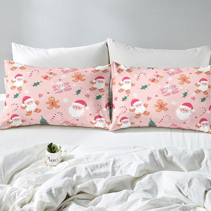 Feelyou Merry Christmas Bedding Set Cookies Candy Duvet Cover Set for Kids Boys Girls PinkChristmas Comforter Cover Quilt Cover Bedroom Collection 3Pcs Queen Size,No Comforter