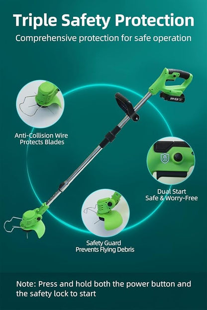 Cordless String Trimmer, Weed Wacker, Nylon Trimmer Head as Its Core Cutting Accessory, Telescopic Shaft and Foldable, 2 x Batteries, String Trimmer Cordless for Lawn, Garden and Yard, Green