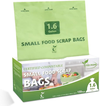 100% Compostable 1.6 Gallon Trash Bags, 6 Liter, 150 Count Kitchen Food Scrap Small Compost Bags for Countertop Bin with Europe EN13432 Certified
