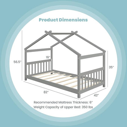 Giantex House Bed Twin, Solid Wood Kids House Bed with Roof, Headboard and Footboard, Low Floor Twin Bed Frame for Toddlers Teens Girls Boys, No Box Spring Needed, Grey