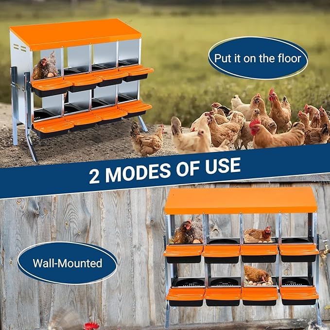 Chicken Nesting Box, 8-Compartment Egg Laying Box, Convenient for Collecting Eggs, Ventilated Poultry House Equipment in Metal Chicken Coop, Suitable for Hens and Ducks, (Orange, with Stand)