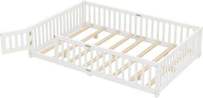 Harper & Bright Designs Queen Floor Bed Frame with Safety High Fence, Wood Montessori Beds with Door, Floor Bed Queen with Solid Wood Support Slats for Boys, Girls, Kids, White