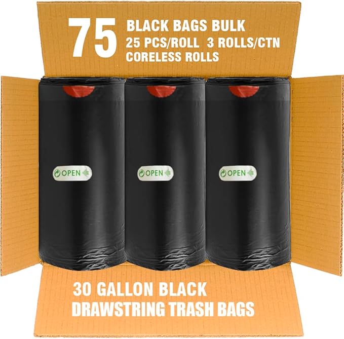 30 Gallon Trash Bags Drawstring, 75 Count Bulk, Black & Unscented, Multi-purpose Garbage Bags Can Liners for Business Home Kitchen Commercial and Industrial