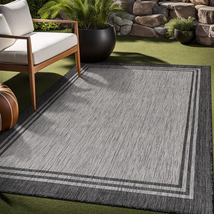 Bordered Outdoor Rug 8x10 Washable Outside Carpet for Indoor Patio Porch Waterproof Easy Cleaning Non Shedding Area Rugs Dark Gray 8 x 10