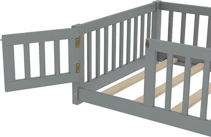 Harper & Bright Designs Twin Floor Bed Frame with Safety High Fence, Wood Montessori Bed with Door, Twin Size Floor Beds with Solid Wood Support Slats for Boys, Girls, Kids, Gray