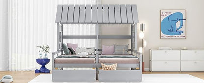 Harper & Bright Designs Twin Size House Platform Beds with Two Drawers for Boy and Girl Shared Beds, Combination of 2 Side by Side Twin Size Beds, Gray
