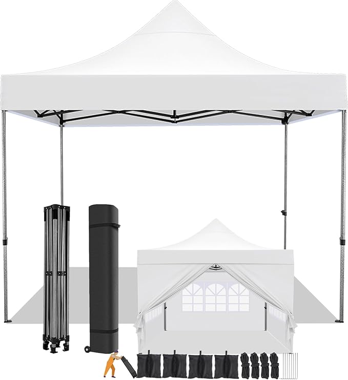 COBIZI 10x10 Pop Up Canopy with 4 Sidewall,Heavy Duty Canopy UPF 50+ All Season Wind Waterproof Commercial Outdoor Wedding Party Tents for Parties Canopy Gazebo with Roller Bag (10 x 10 ft White)