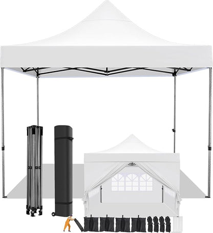 COBIZI 10x10 Pop Up Canopy with 4 Sidewall,Heavy Duty Canopy UPF 50+ All Season Wind Waterproof Commercial Outdoor Wedding Party Tents for Parties Canopy Gazebo with Roller Bag (10 x 10 ft White)