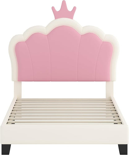 Bellemave Twin Size Princess Bed Frame with Crown Shaped Headboard for Kids,Upholstered Platform Bed with Slats Support,Twin Girls Bed,White