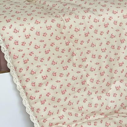 BuLuTu Pink Floral Kids Quilts Full Bed Comforter for Girls Teens Cotton Muslin Quilted Blanket with Chic Lace Edges Reversible Galsang Flower Pattern Quilt, 1 Piece, 79"x90"