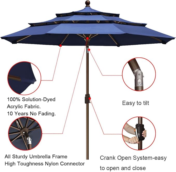 EliteShade USA 10-Year-Non-Fading 9Ft 3 Tiers Market Umbrella Patio Umbrella Outdoor Table Umbrella with Ventilation, Navy Blue