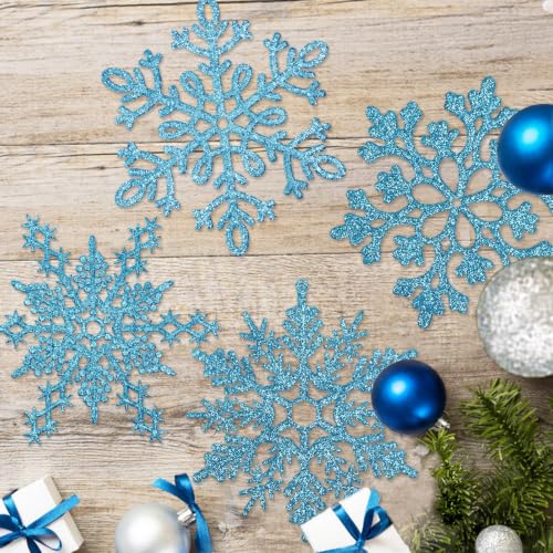 12pcs Large Snowflakes Ornaments Blue 12” Big Plastic Glitter Snowflake for Winter Indoor Outdoor Christmas Tree Window Room Decorations Giant Craft Snowflakes (12 Count)