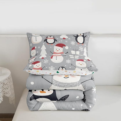 Feelyou Christmas Comforter Set King Size Snowman Snowflake Bedding Set for Kids Boys Girls Penguin Duvet Quilt New Year Gift Bedroom Decor Microfiber 3 Pcs with 2 Pillow Cases