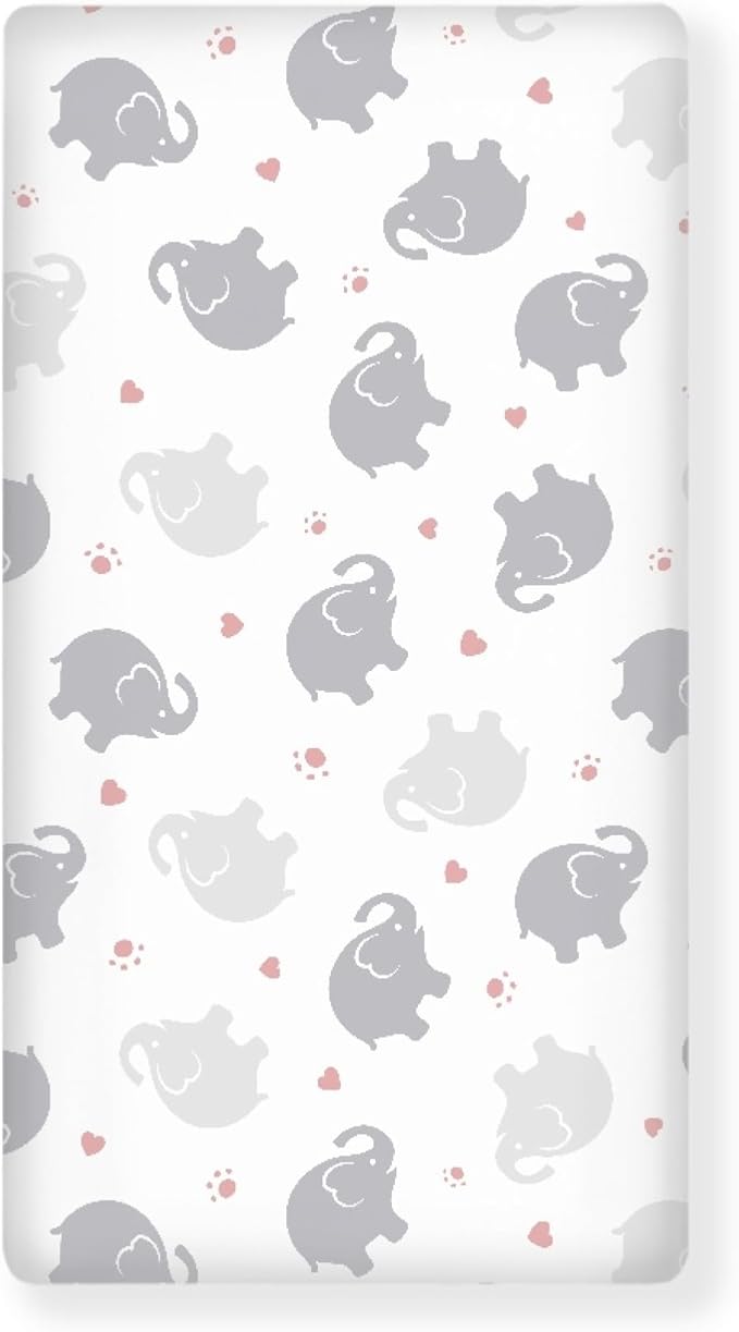 Elephant Fitted Crib Sheet for Boys Girls Watercolor Grey Elephants Baby Sheet for Standard Crib and Toddler Pink Paw Print and Heart Nursery Bed Mattress Sheets 28"x52"