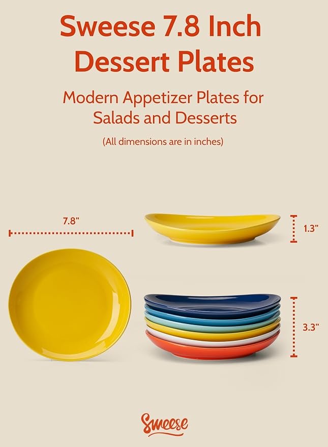 Sweese 7.8 Inch Porcelain Dessert Plates Set of 6 - Dishwasher, Microwave, Oven Safe, Chip-Resistant - Rainbow Palette