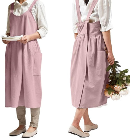 NEWGEM Cotton Cross Back Apron for Women with Pockets Cute Japanese Korean Criss Kitchen Aprons Pink
