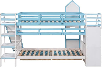 MERITLINE Twin Over Twin Castle Bunk Bed with Slide,Stairs and Drawers,Solid Wood Floor House Princess Bunk Bed with Storage Shelves (Blue)