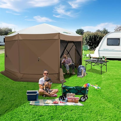 COBIZI 15x15ft Extra Large Pop-Up Gazebo Canopy Tent with Mosquito Netting, Spacious Easy Set-Up Screened Shelter, Durable Outdoor Pavilion with Ground Stakes, Perfect for Patio, Backyard, Brown