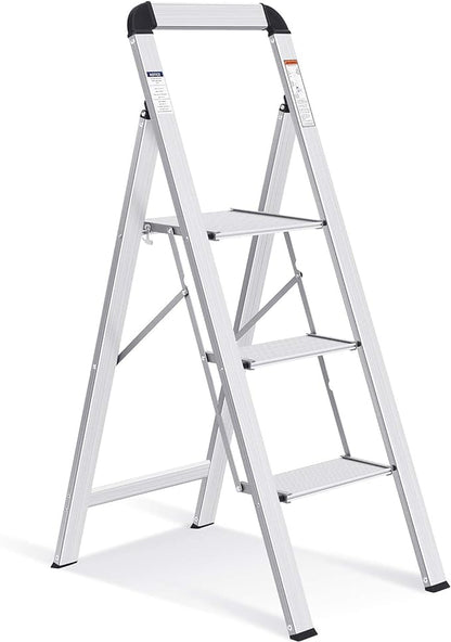KINGRACK Aluminium 3 Step Ladder, Lightweight Step Stool with Non-Slip Pedals, Handrail, 330 LBS Foldable Step Ladder for Kitchen, Garage, Home, Space Saving, Sturdy and Portable, Silver