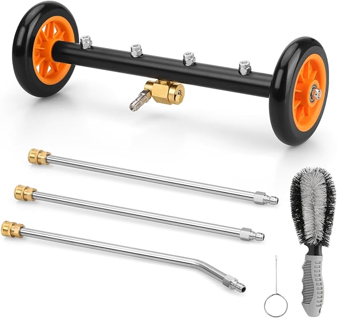 2-in-1 16' Undercarriage Pressure Washer Water Broom, 4000PSI Under Car Pressure Washer Attachment with 3 Pieces Extension Wand & Hub Brusher, Surface Cleaner (without Bottle& Replaceable Nozzle)