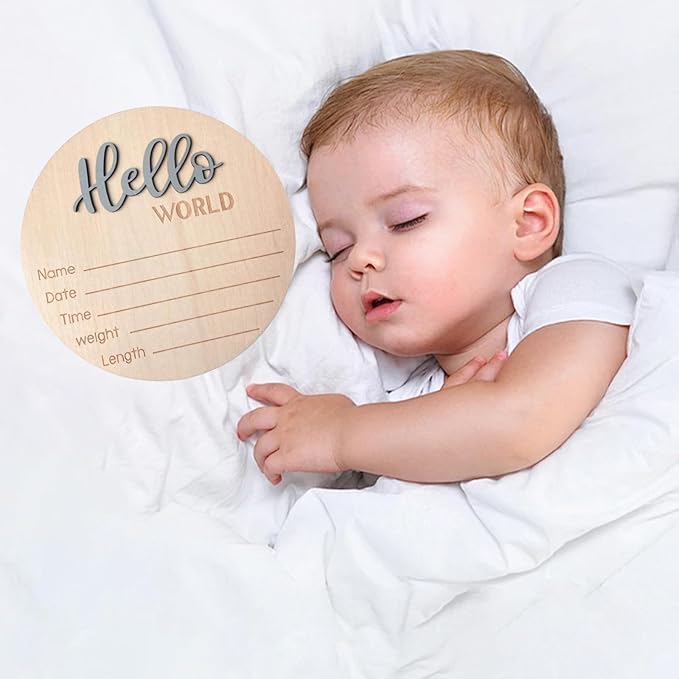 Baby Announcement Sign, 5.9 Inch Wooden Hello World Newborn Signs, Birth Announcement Sign, Baby Shower Hospital Nursery for Newborn Boys and Girls (Gray)