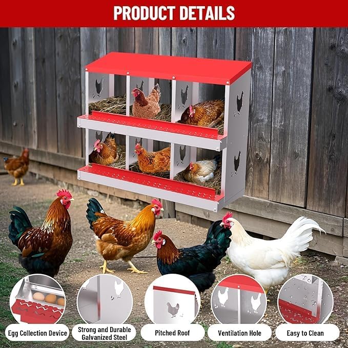 Chicken Nest Box, 6-Compartment Egg-Laying Box, Metal Hen House, Convenient for Collecting Eggs - Ventilated Poultry House Equipment - Suitable for Hens, Ducks Red,Without Stand