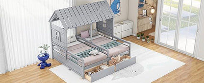 Harper & Bright Designs Twin Size House Platform Beds with Two Drawers for Boy and Girl Shared Beds, Combination of 2 Side by Side Twin Size Beds, Gray