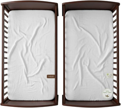 White Muslin Crib Sheets Set of 2, 52x28 Crib Mattress Sheets Soft Muslin Cotton, Fits Standard Rectangular & Oval Mattress, Neutral Nursery Bedding, No Shrinking, Fitted Crib Sheet