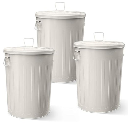 Plexon Large Metal Trash Can with Lid 20 Gallon, Decorative Outdoor Trash Can, Heavy Duty Galvanized Metal Bucket with Lid for Kitchen Garage Farmhouse, Beige, 3 Pack