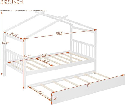 Harper & Bright Designs Twin House Bed for Kids, Wood Platform Bed with Trundle, Montessori Bed with Roof, Playhouse Trundle Beds for Kids,Teens, Bedroom, White